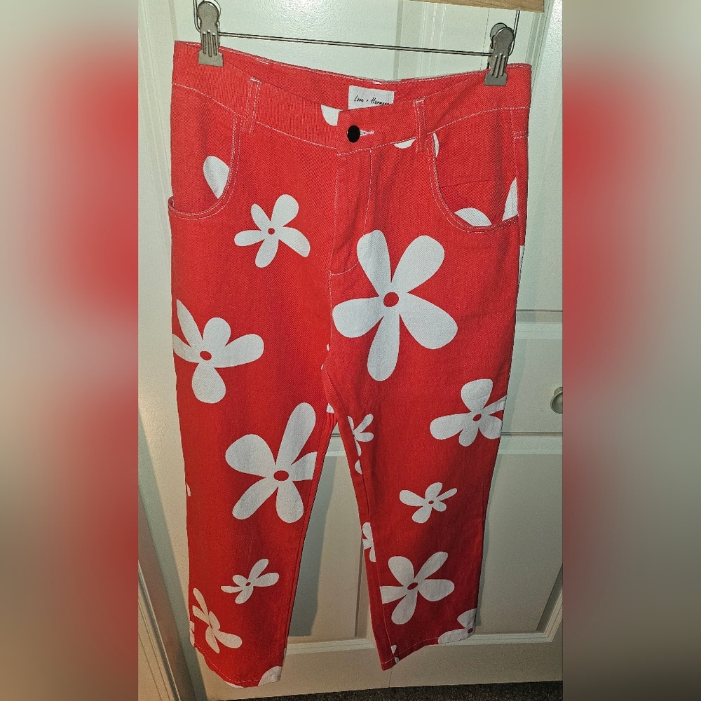 Red Floral Women's Jeans - M 2/4